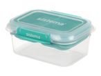 Clear plastic food storage container with a teal lid and locking clips