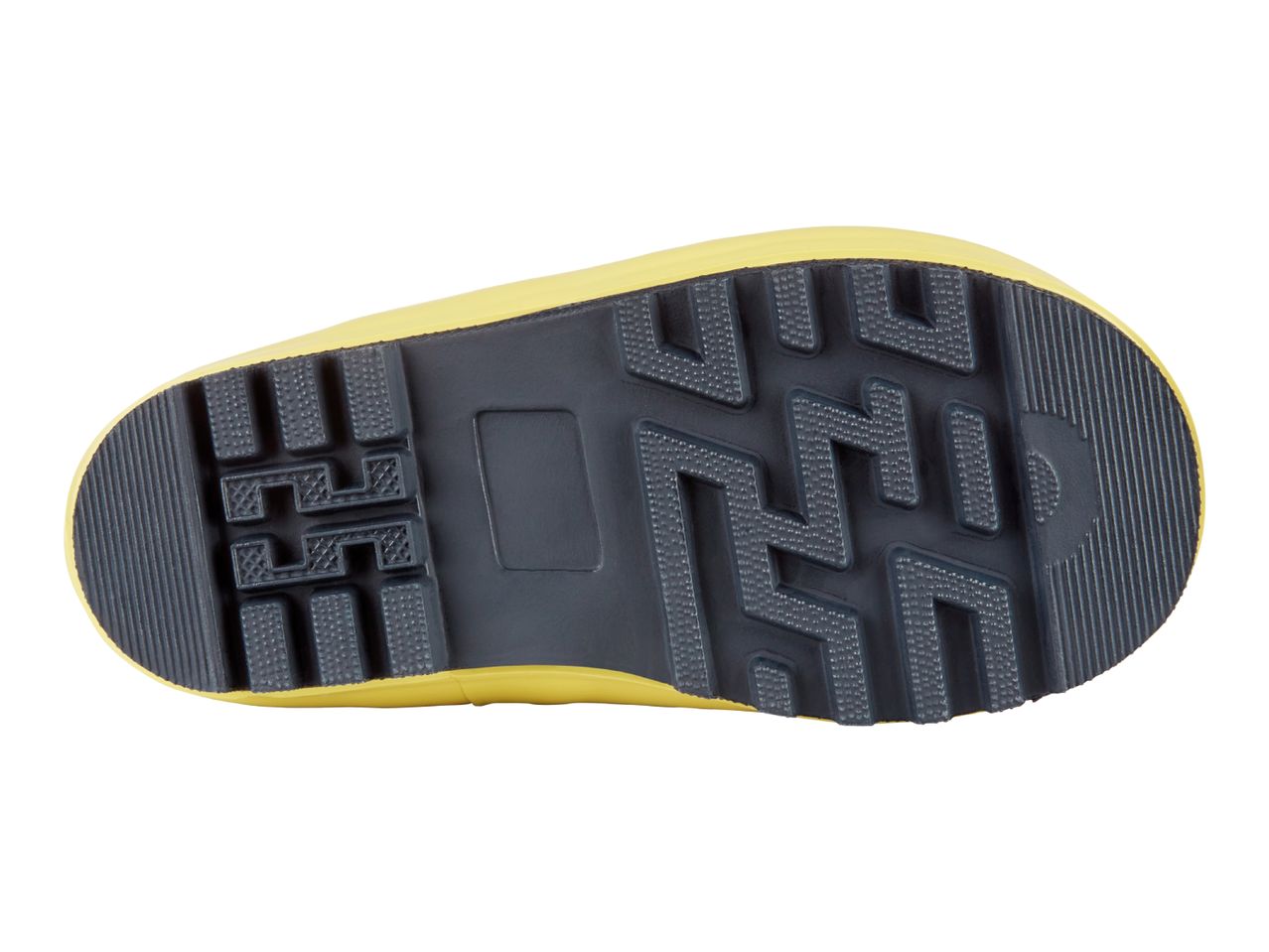 Bottom view of a yellow rain boot with a dark gray sole.