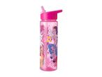 Pink My Little Pony water bottle with a flip-top straw and character illustrations.