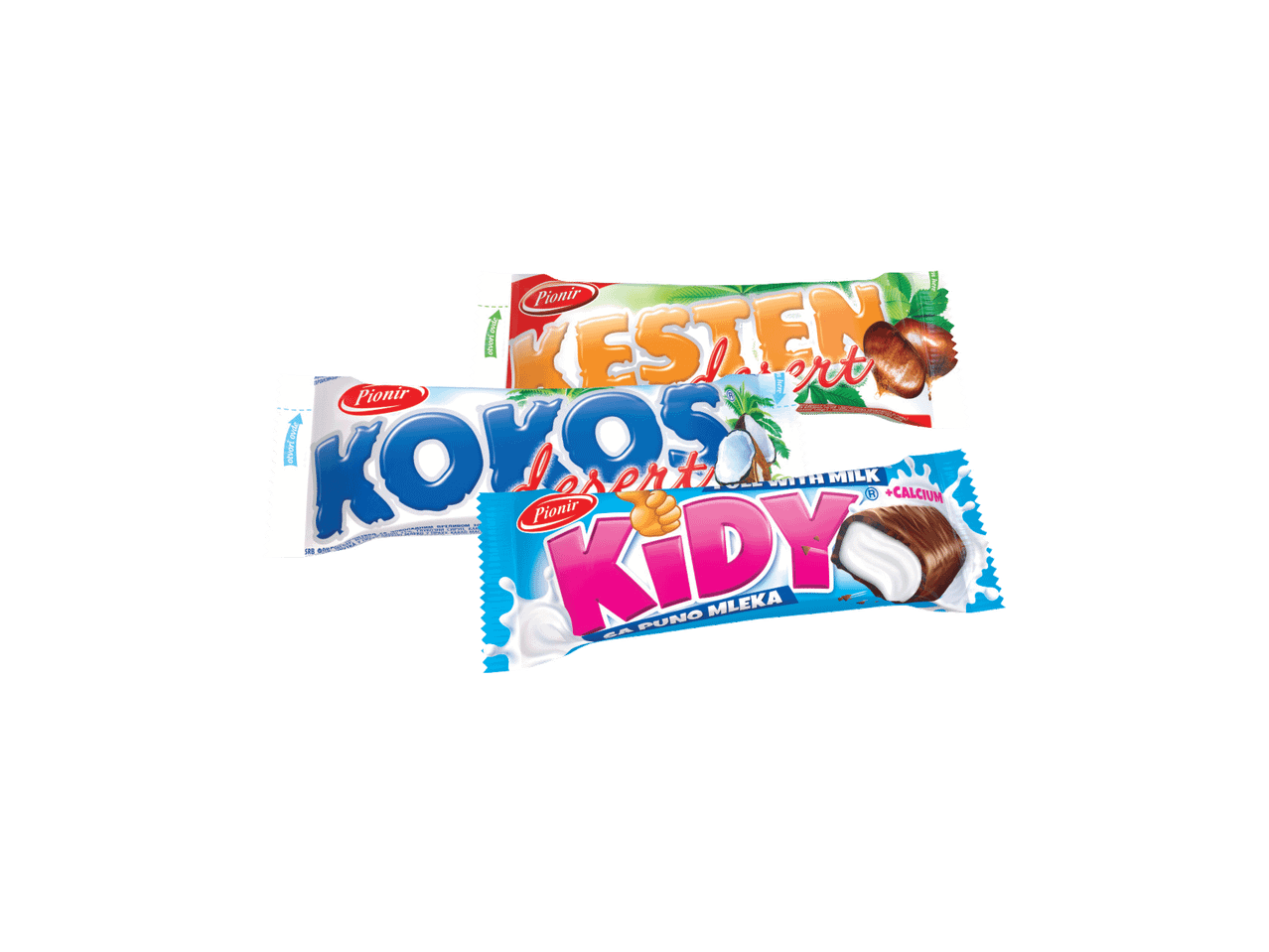 Tri čokoladice sa različitim ukusima: kesten, kokos i mlečna sa kalcijumom.