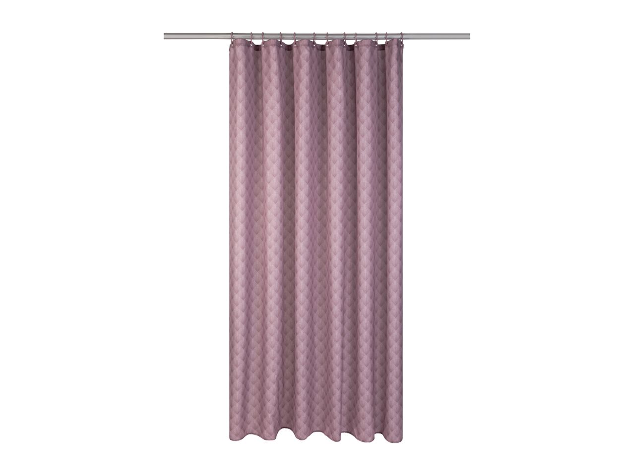 A mauve shower curtain with a subtle geometric pattern hangs from a silver rod.