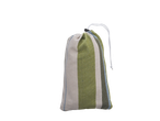 Green and beige striped drawstring bag.