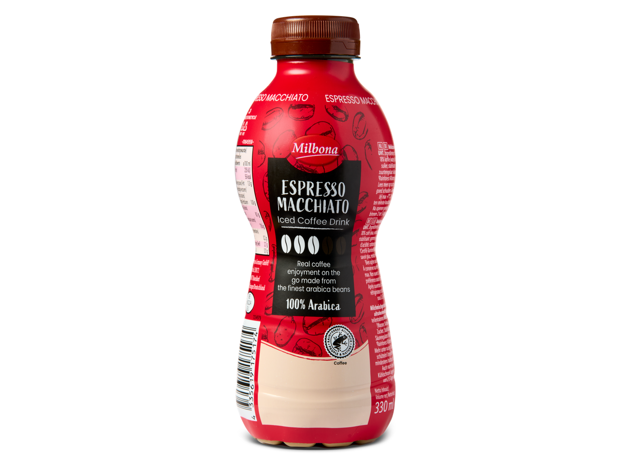 Milbona Espresso Macchiato ijskoffie in een rode fles met een bruine dop.