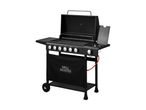 Black gas grill with six burners, side tables, and a storage area with 'GRILL MEISTER' text.