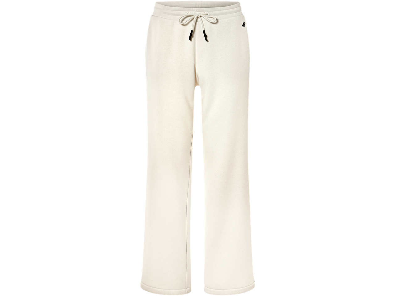 Cream-colored sweatpants with a drawstring waist and a small black logo on the right hip.