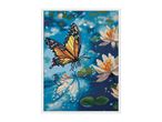 Diamond painting kit featuring a monarch butterfly and water lilies on a blue background.