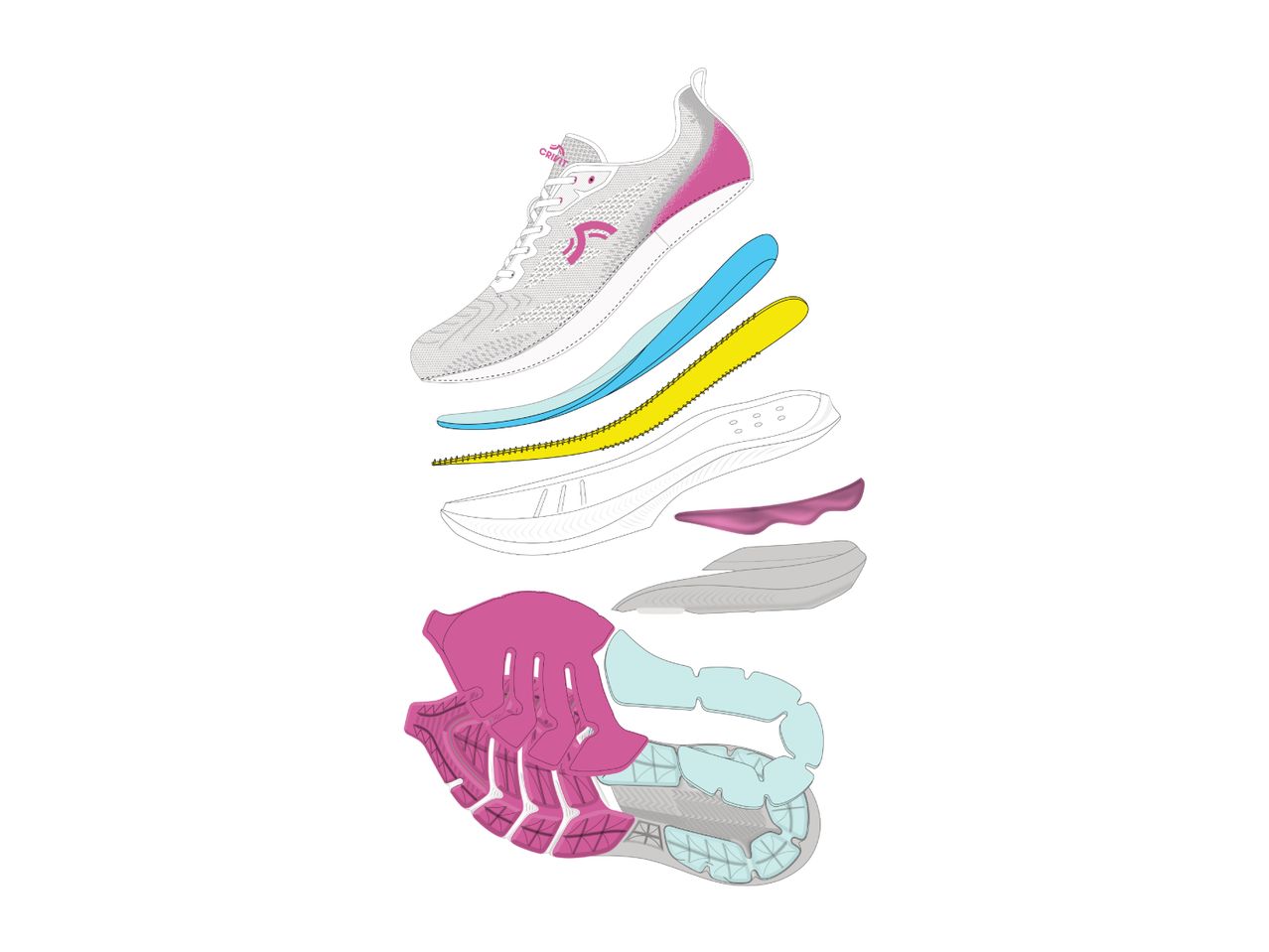 Exploded view of a white and pink athletic shoe, showing its various layers and components.