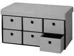 Banc de rangement gris avec six tiroirs en tissu, dont un ouvert.