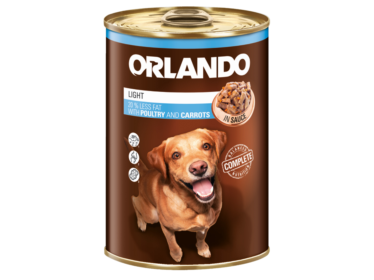 Nourriture pour chiens Orlando Light avec volaille et carottes, 20% moins de gras, en sauce.