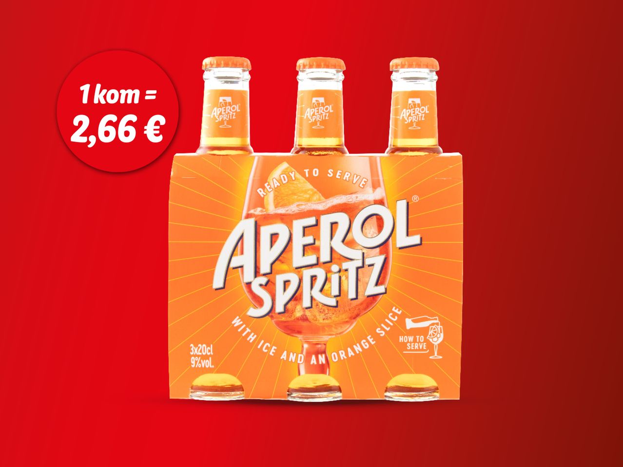 Pakiranje Aperol Spritza s tri boce i cijenom po komadu.