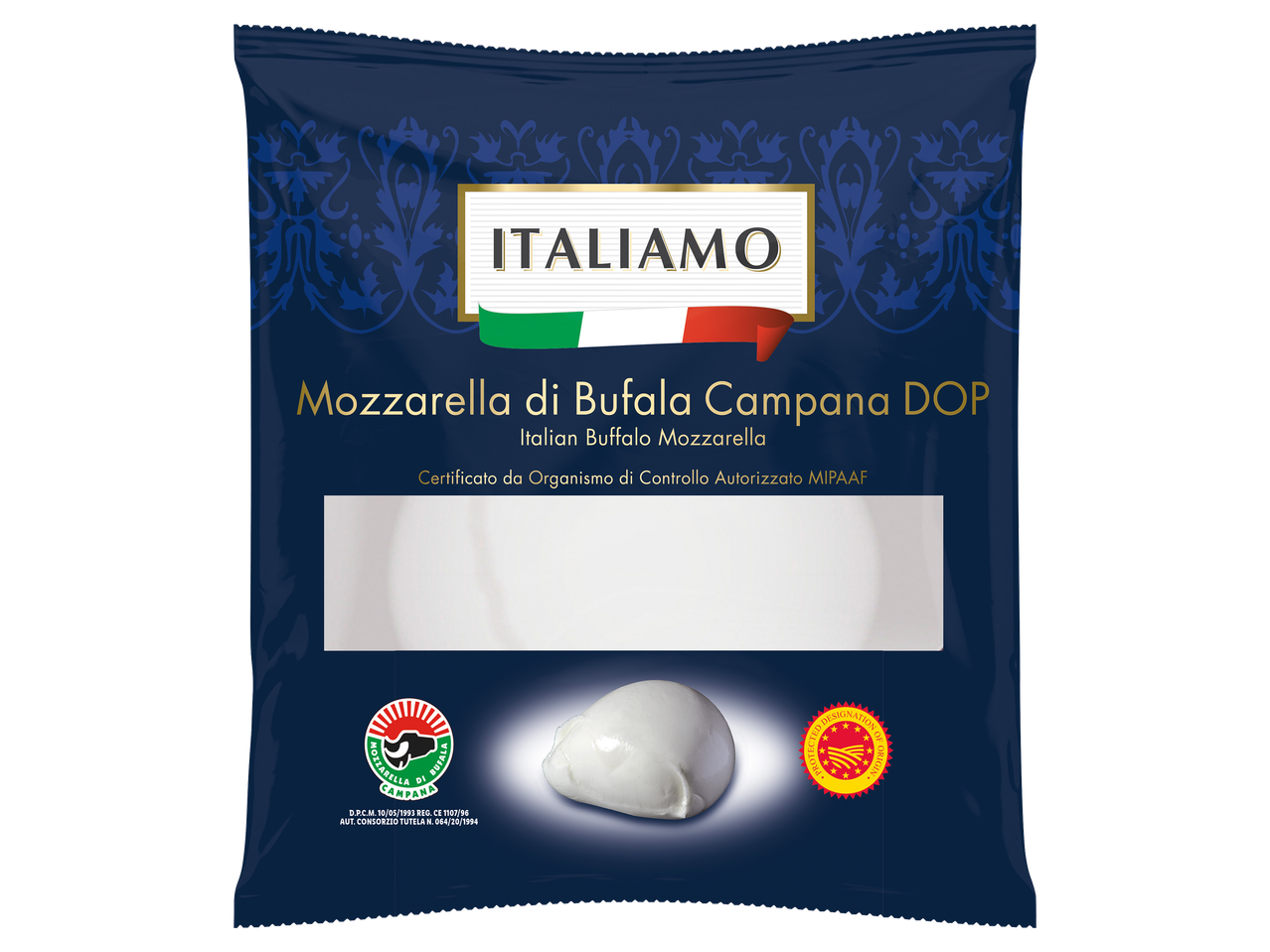Olasz bivalymozzarella kék csomagolásban.