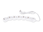 Eine weiße, flexible Steckdosenleiste mit mehreren Steckplätzen und USB-Anschlüssen.