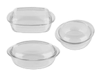Drei transparente Glas-Aufläufe mit Deckeln.