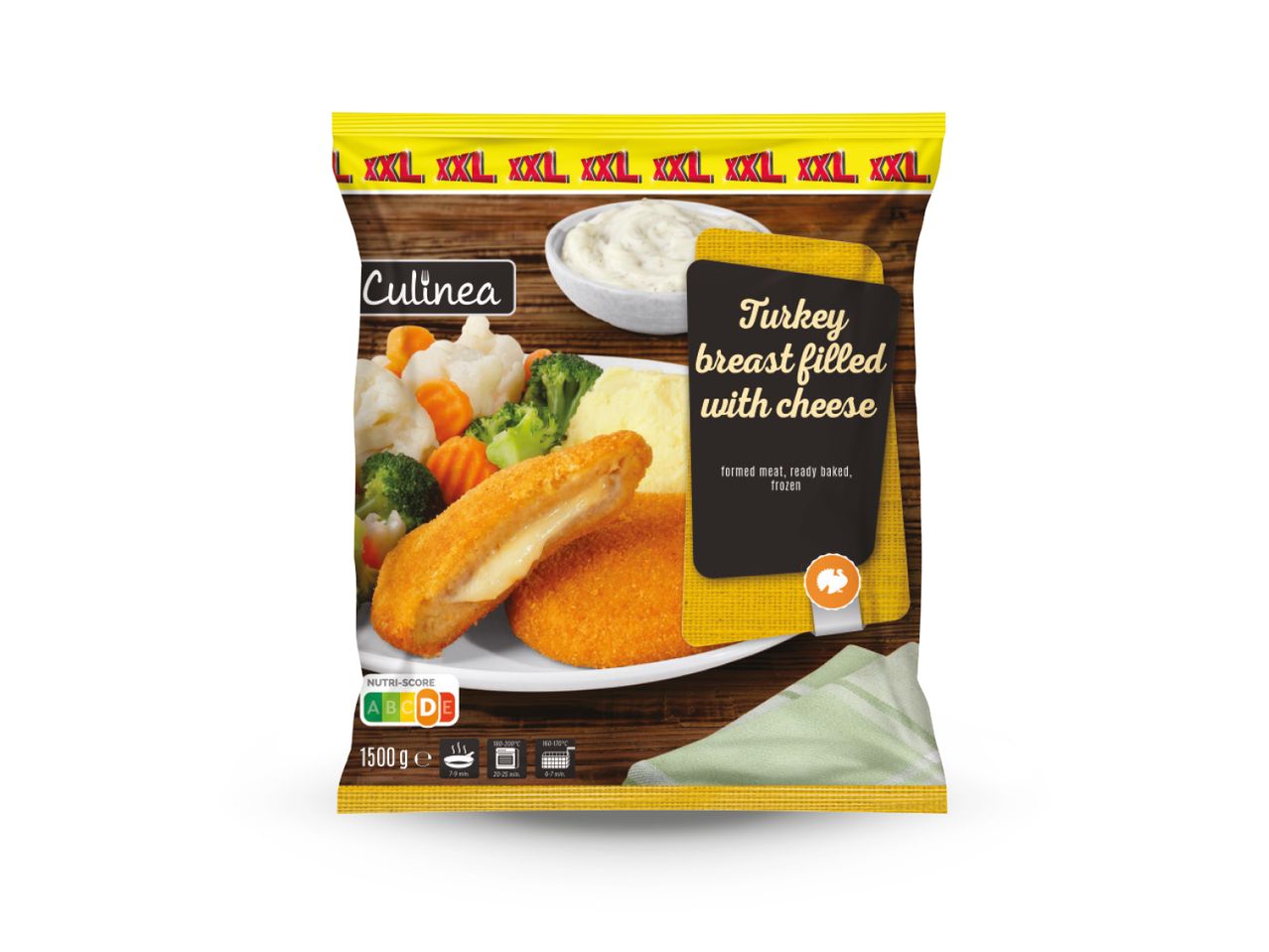 Culineina pureća prsa punjena sirom, smrznuta, s Nutri-Score D i težinom 1500 g.