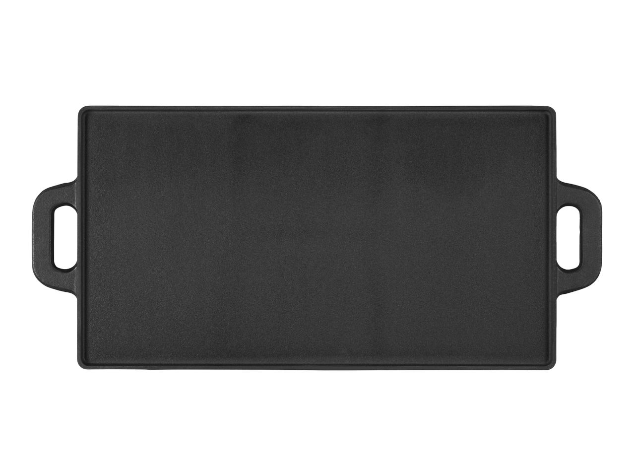 Black rectangular cast iron griddle with two handles
