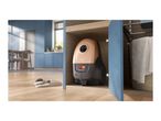 Vacuum cleaner stored in a cabinet, with slippers on a wooden floor in the foreground.