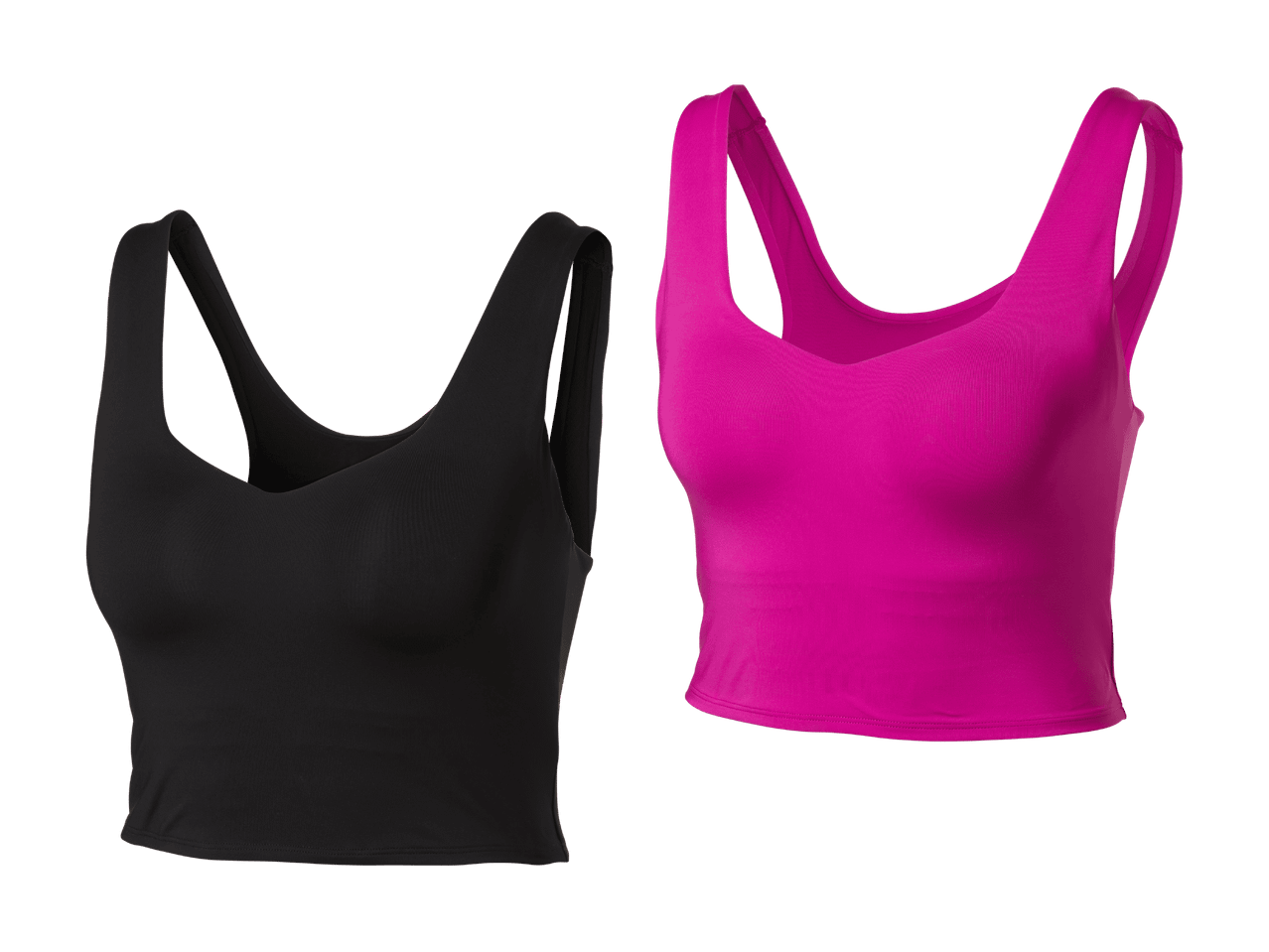 Deux hauts de sport pour femmes, un noir et un fuchsia, sur fond noir.