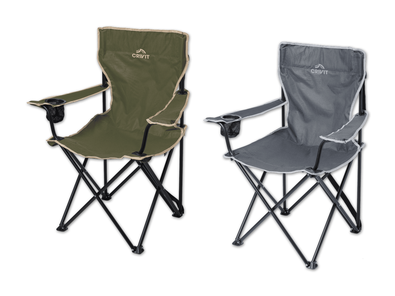 Zwei Campingstühle in Grün und Grau mit Armlehnen und Getränkehaltern.