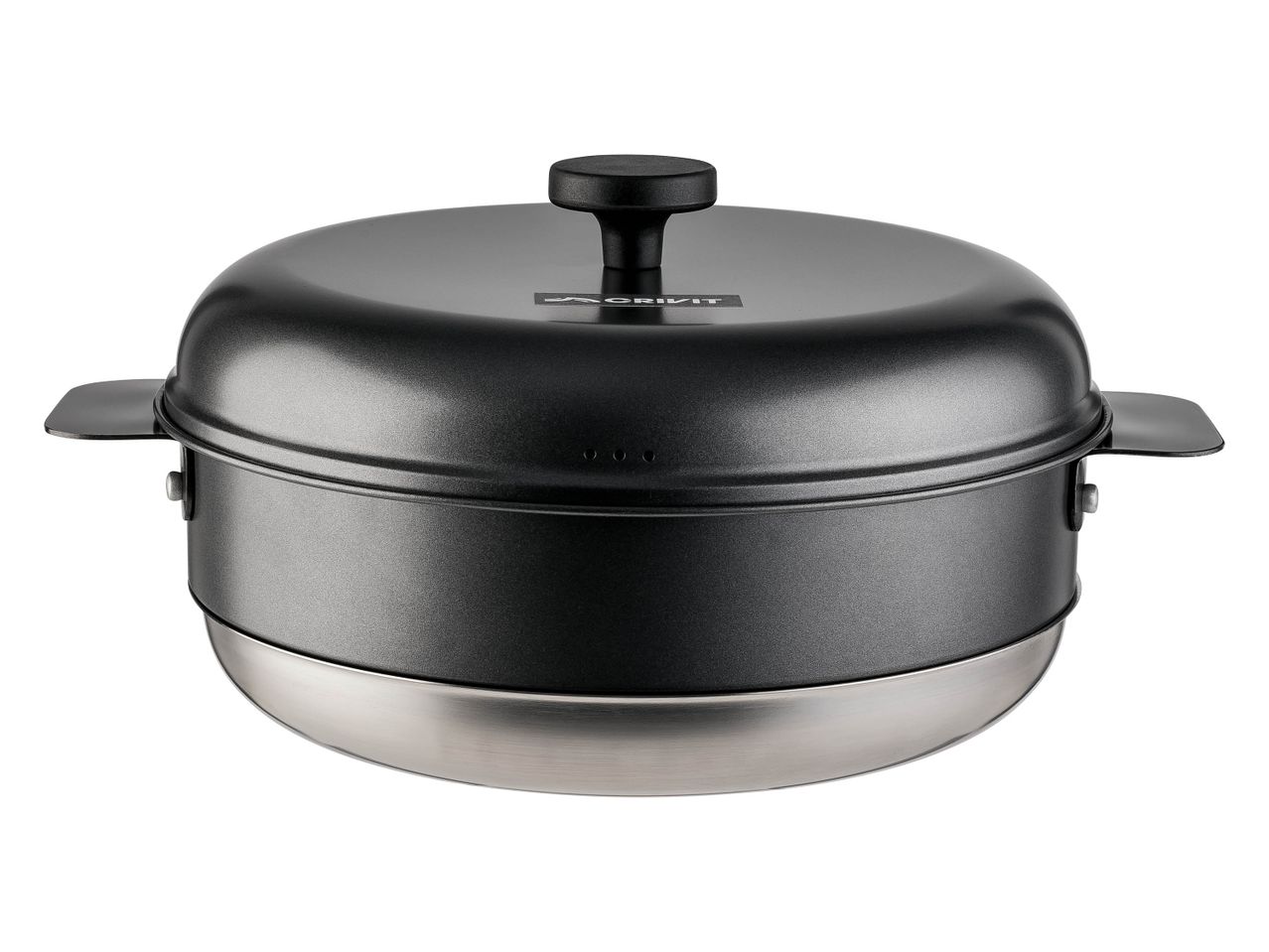 Une casserole à vapeur noire Crivit avec couvercle.