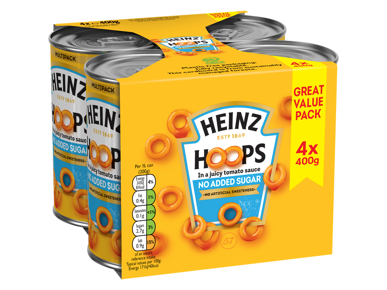 A multipack of four 400g cans of Heinz Hoops in a juicy tomato sauce with no added sugar.