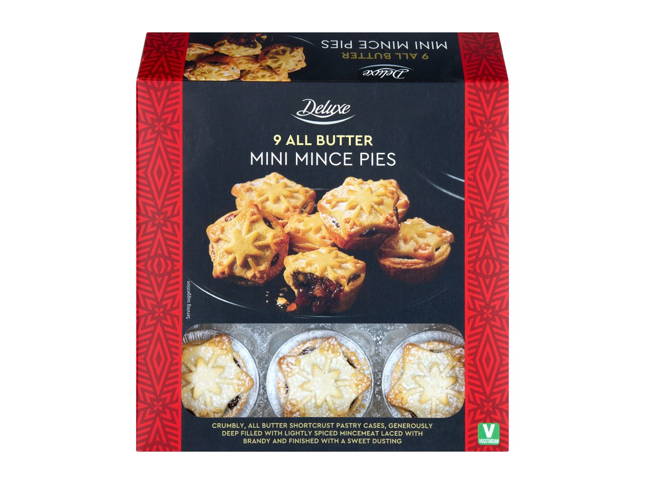 Deluxe 9 All Butter Mini Mince Pies in a festive red and black box.