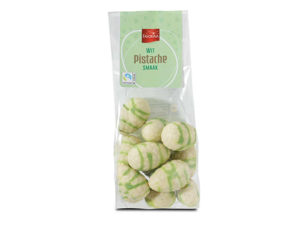Favorina witte chocolade pistache paaseitjes in een doorzichtige zak, Fairtrade cacao.