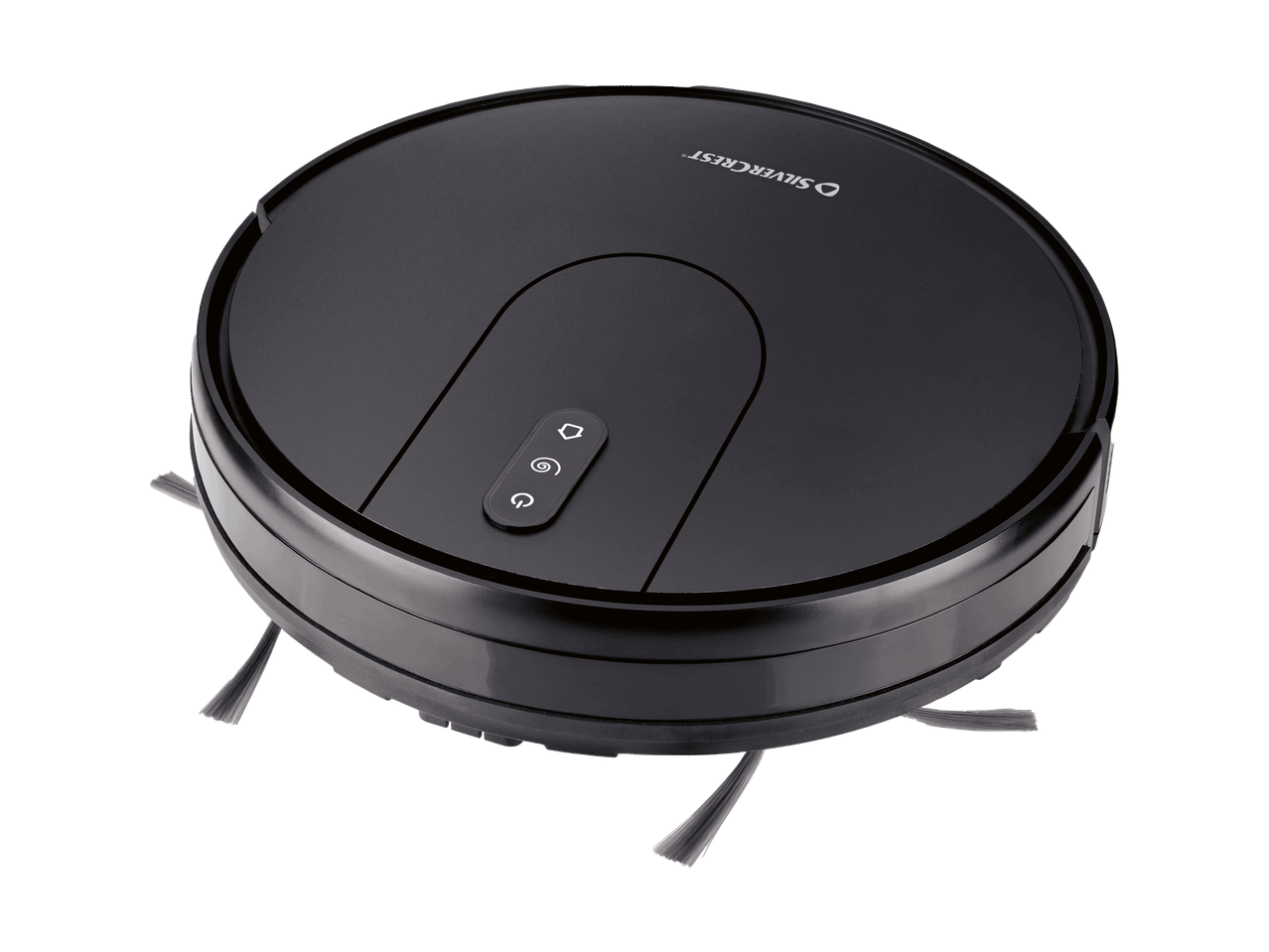 Schwarzer Saugroboter mit Seitenbürsten und Bedienelementen auf der Oberseite.