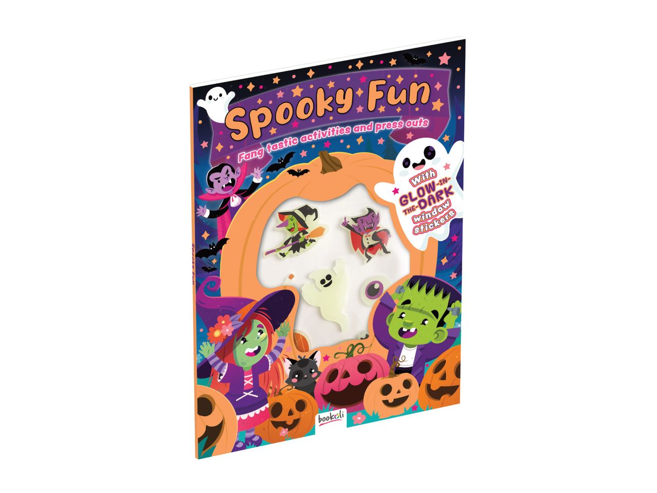 A Halloween activity book titled 'Spooky Fun' with glow-in-the-dark stickers and press-outs.