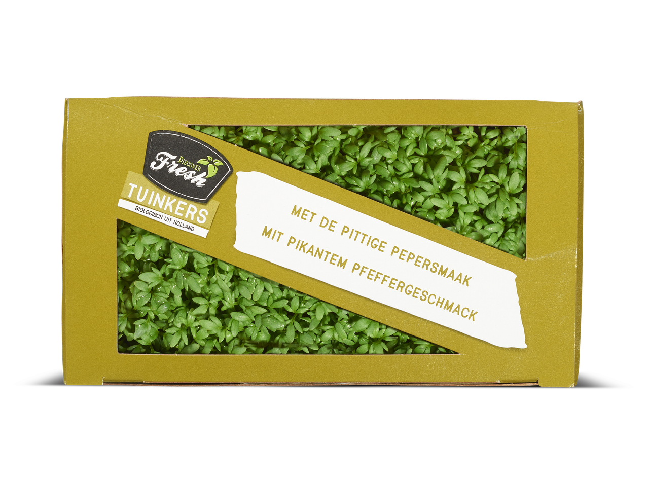 Een doosje tuinkers met de tekst 'Met de pittige pepersmaak' en 'Biologisch uit Holland'.