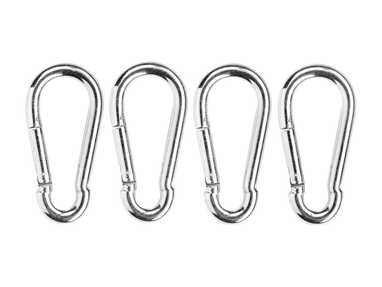 Four silver metal carabiners in a row.