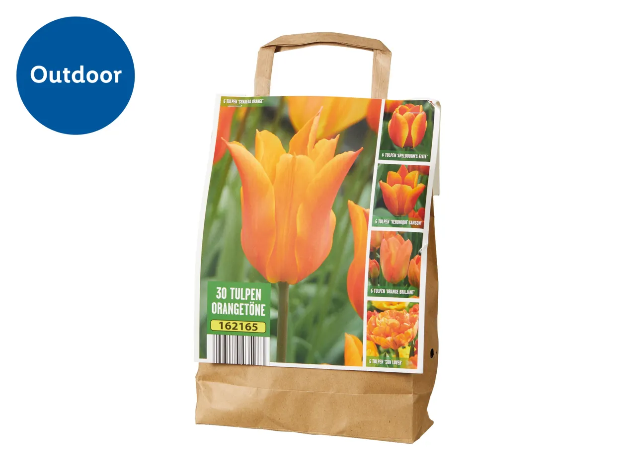 A paper bag of 30 orange tulip bulbs, labeled for outdoor planting.