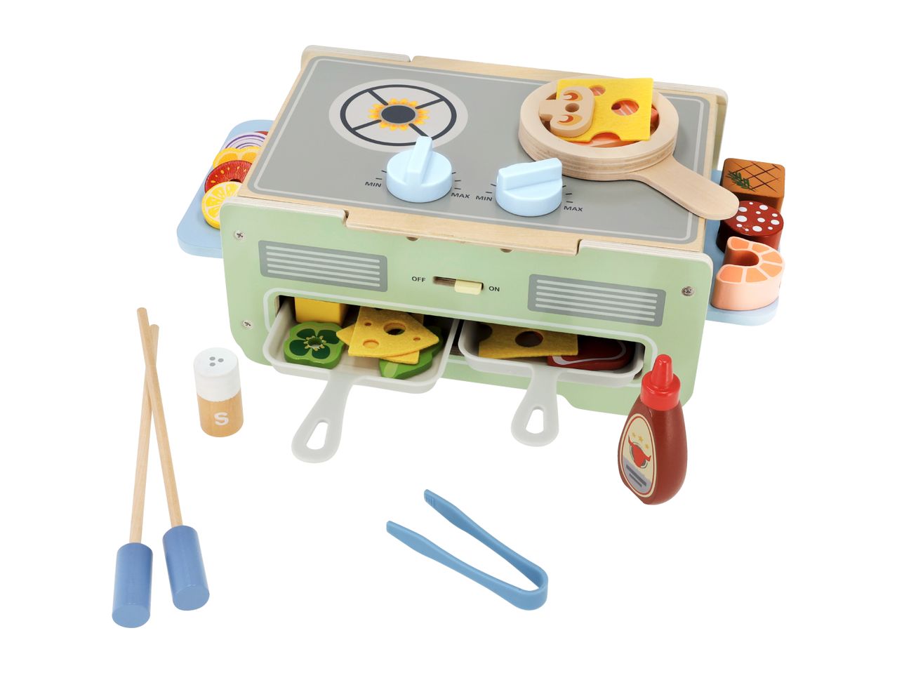 Wooden play kitchen with stove, oven, food items, and cooking utensils.