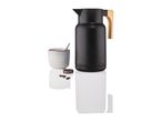 Coffee thermos with wooden handle, mug, and cookies.