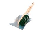 Dustpan and brush set with wooden handles and green bristles.