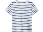 White and blue striped short-sleeve t-shirt with a ribbed crew neck.