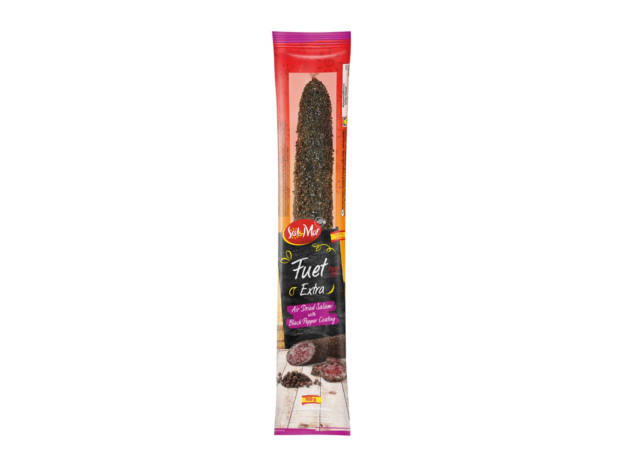 Air-dried salami with black pepper coating, labeled as 'Fuet Extra' and weighing 160g.