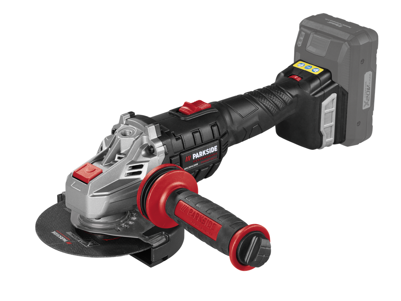 Parkside Performance 20V akumuliatorinis kampinis šlifuoklis su baterija ir pjovimo disku.
