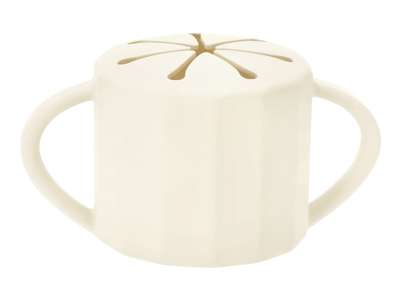 Cream-colored snack cup with two handles and a star-shaped opening on top.