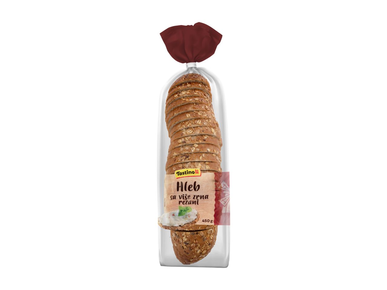 Pakovanje Tastino hleba sa više zrna, isečenog na kriške.
