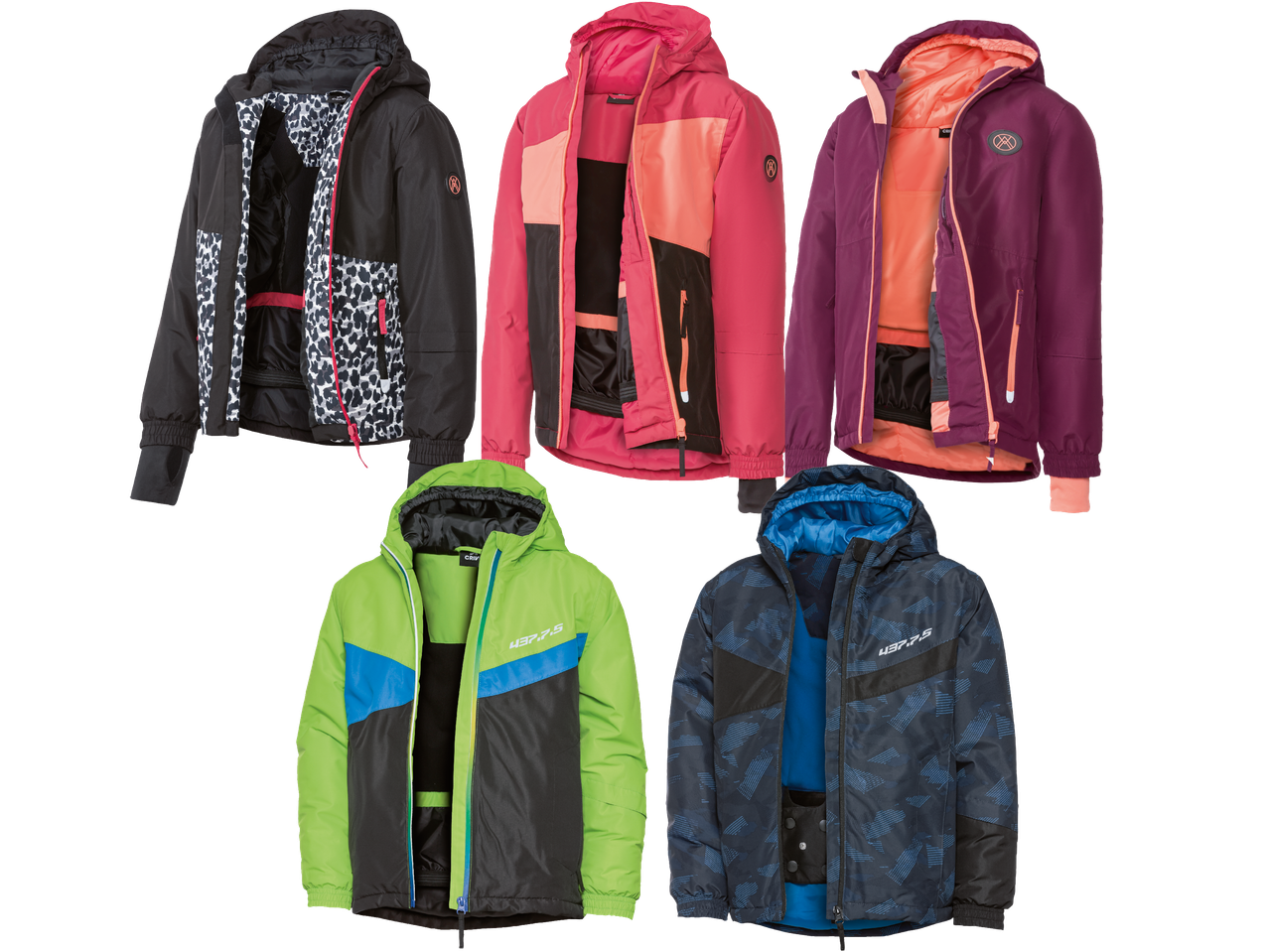 Fem barnjackor: tre flickjackor i svart leopardmönster, rosa och lila, och två pojkjackor i limegrön och blått kamouflagemönster.