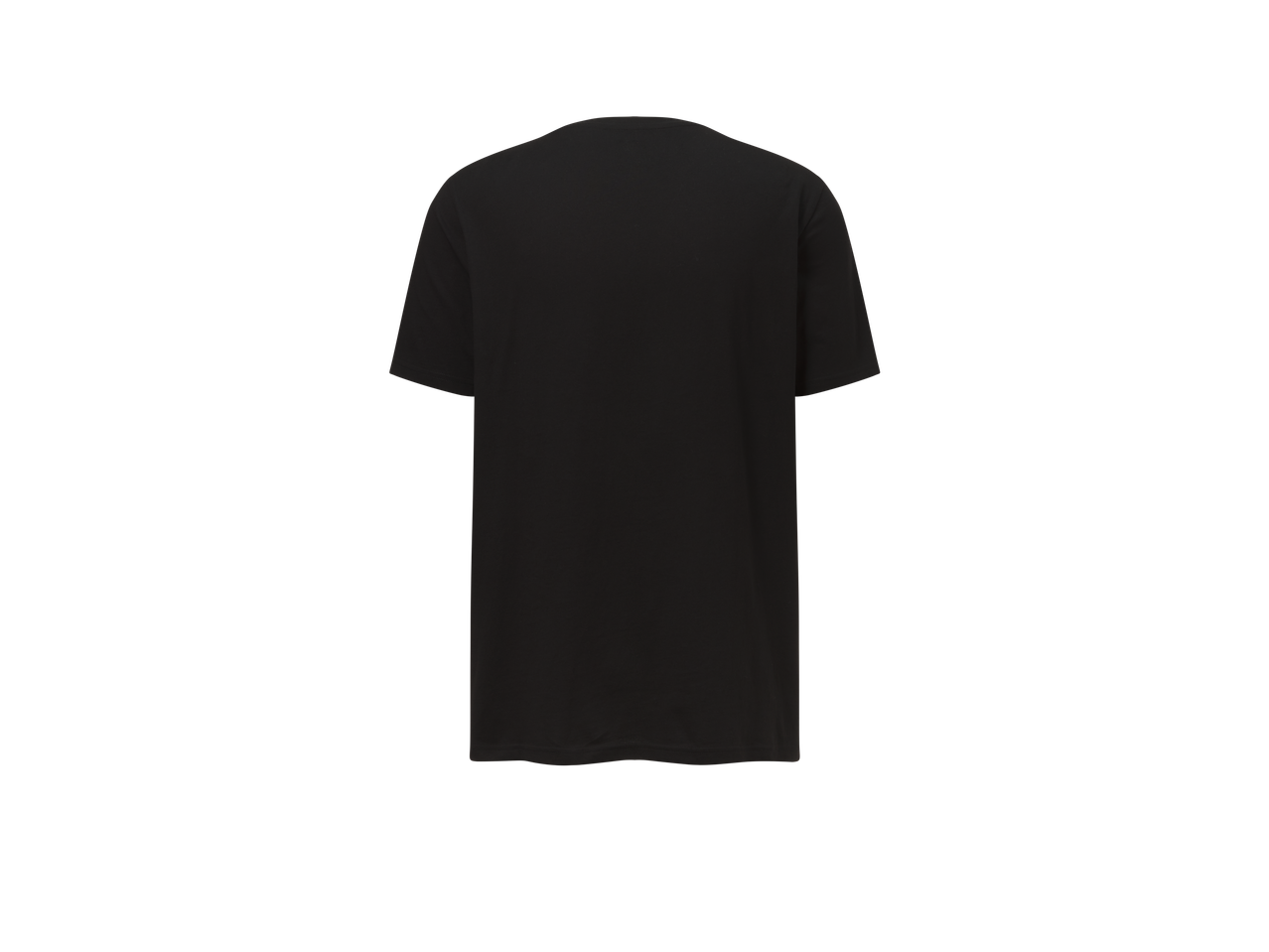 Camiseta preta de manga curta, vista de costas.