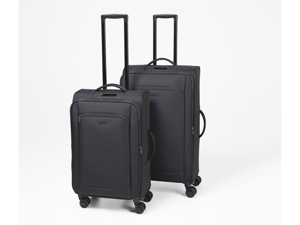 Two black soft-shell suitcases with telescopic handles and spinner wheels on a white background.