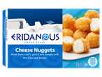 Eridanous gepaneerde kaasnuggets, gemaakt van koeien-, geiten- en schapenmelk, voorgebakken en diepgevroren.