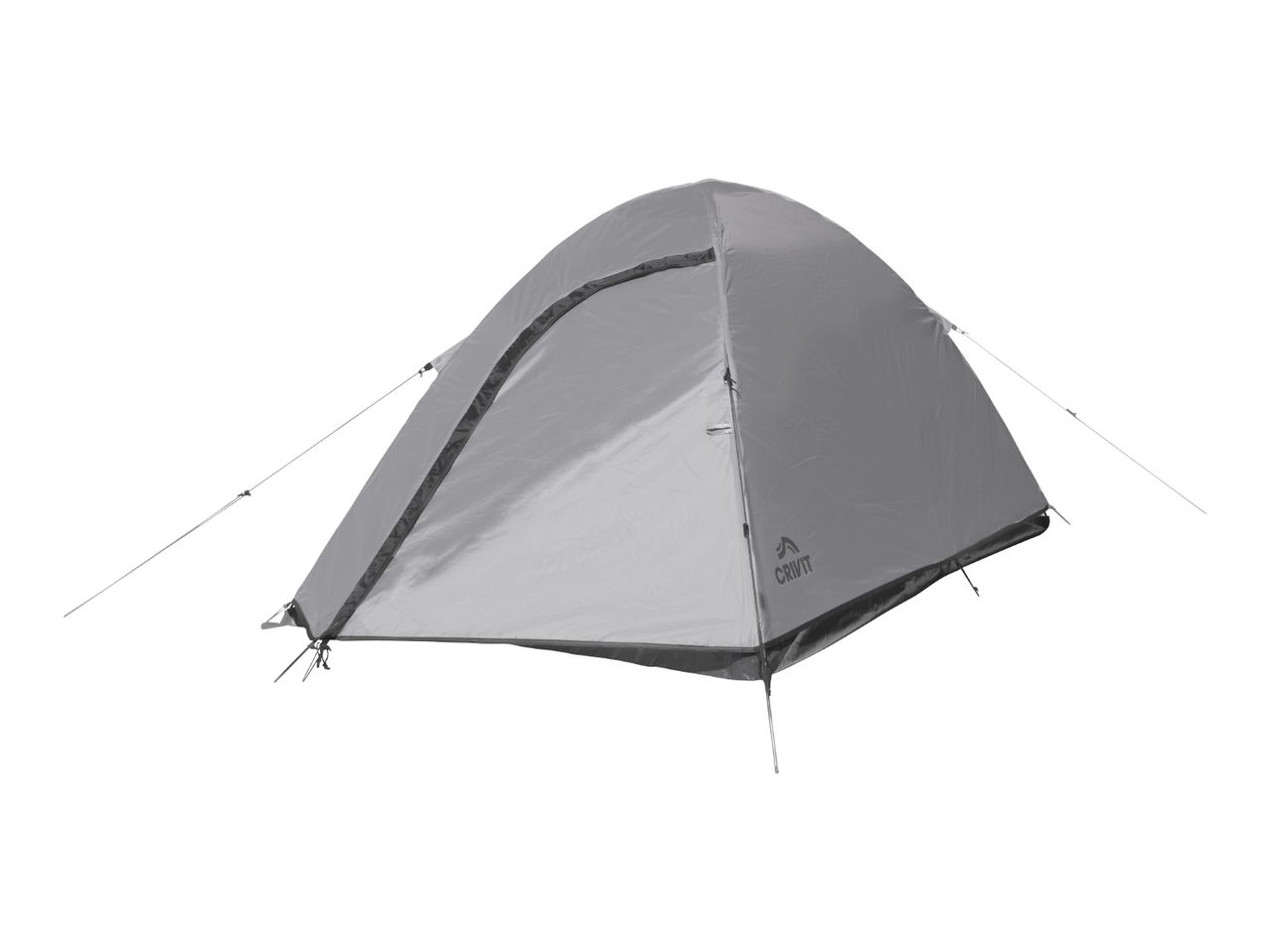 A grey dome tent with guy lines extended, ready for camping.