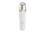 A sleek, white and silver electric eyebrow trimmer.