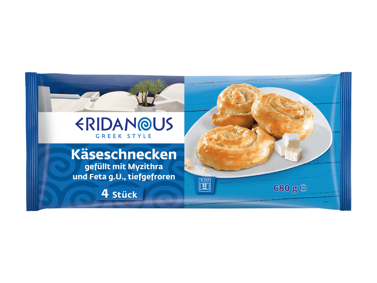 Verpackung von Käseschnecken mit Myzithra und Feta, 4 Stück, 680g, tiefgefroren, 35 Minuten Zubereitungszeit.