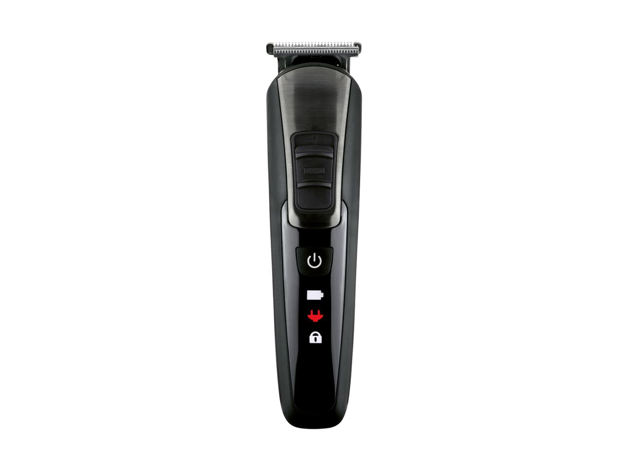 Black and grey electric hair trimmer with power, battery, charging, and lock indicators