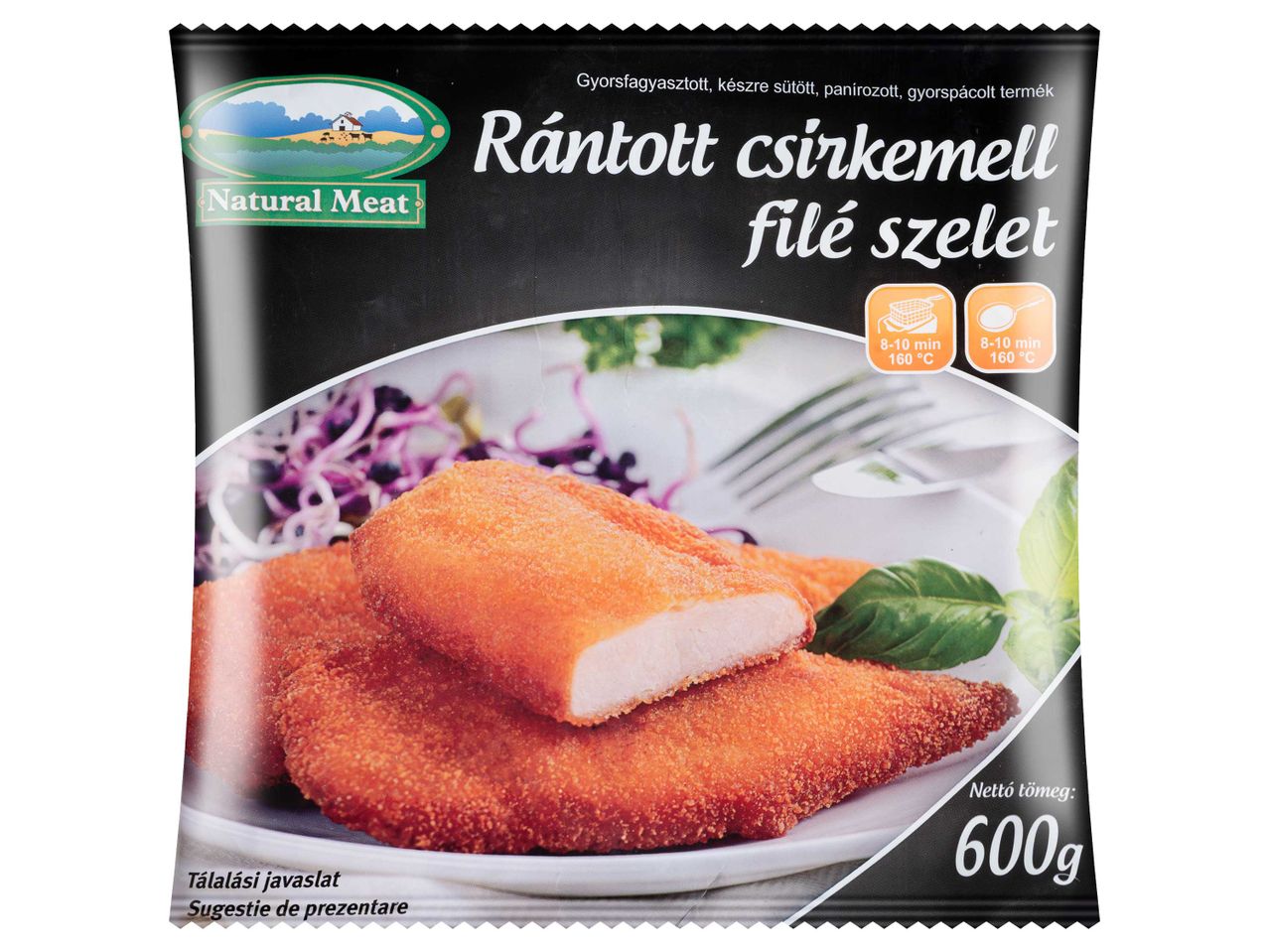 600g fagyasztott, panírozott csirkemellfilé szelet a Pick Szegedtől.