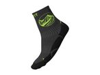 Black and neon green athletic sock with a mountain graphic and text.