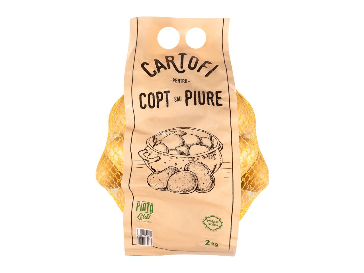 Un sac de cartofi Lidl de 2 kg, ideali pentru copt sau piure.
